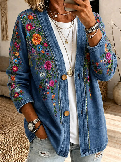 Pink Embroidered Floral Print Casual Cardigan