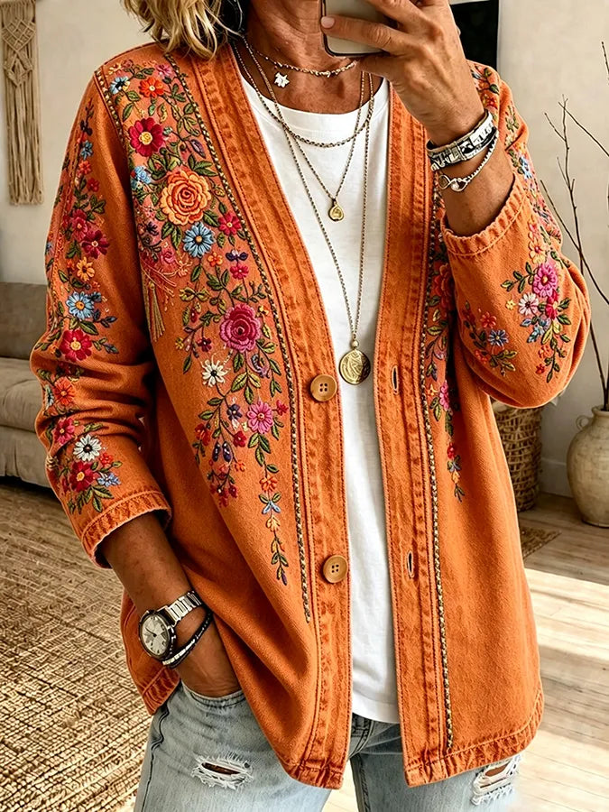 Pink Embroidered Floral Print Casual Cardigan