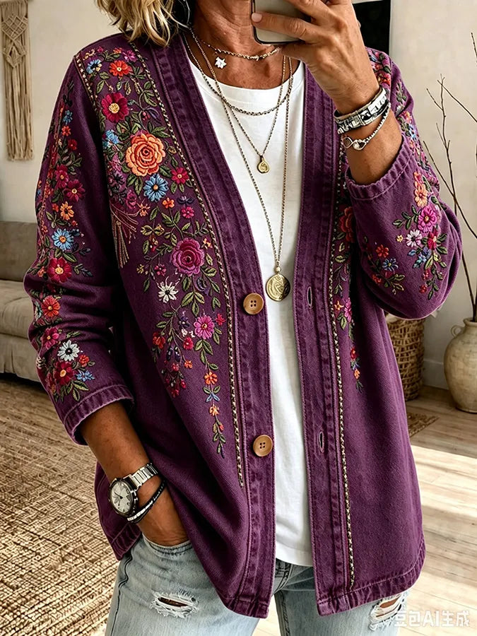 Pink Embroidered Floral Print Casual Cardigan