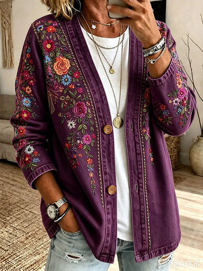 Pink Embroidered Floral Print Casual Cardigan