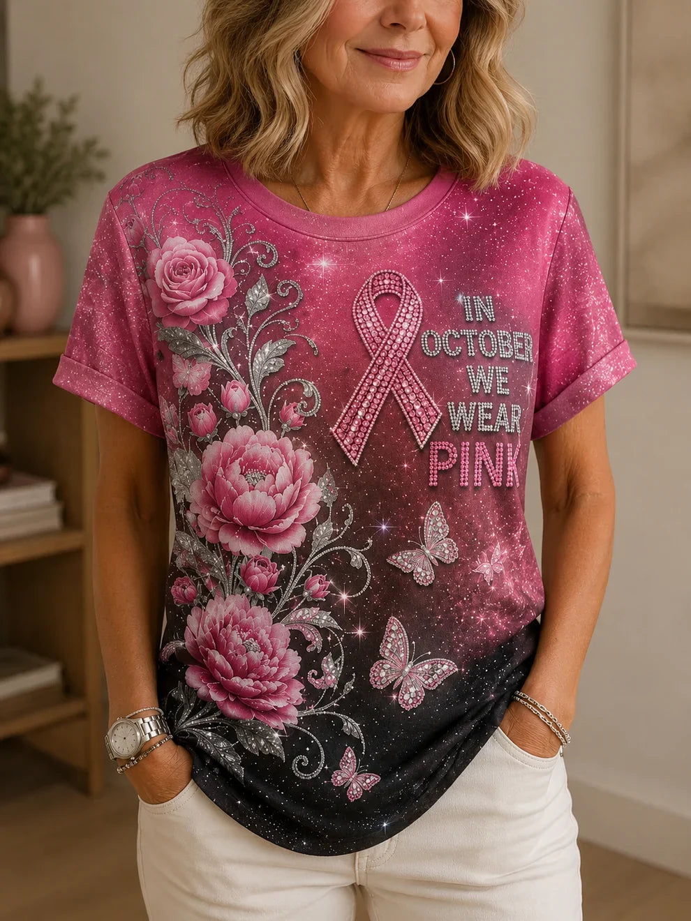 Pink Art Printed Casual T-Shirt