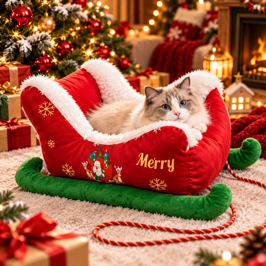 Christmas Sleigh Pet Bed | Ultra Soft and Cozy Holiday Bed for Cats & Dogs