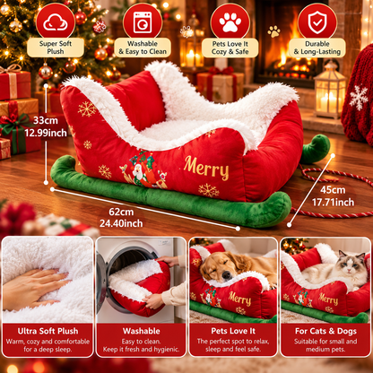 Christmas Sleigh Pet Bed | Ultra Soft and Cozy Holiday Bed for Cats & Dogs