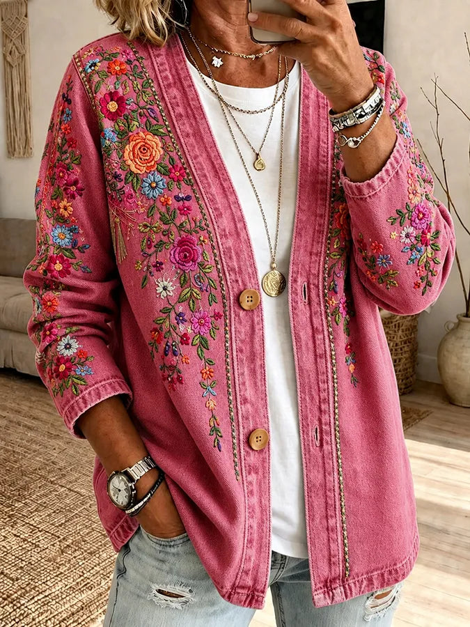 Pink Embroidered Floral Print Casual Cardigan